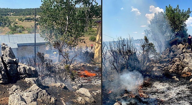 Gülnar’da çalılıktan eve sıçrayan yangın söndürüldü