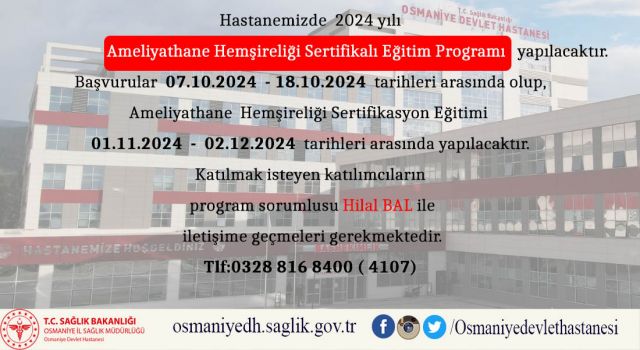 Ameliyathane Hemşireliği Sertifika Eğitimi Osmaniye Devlet Hastanesi'nde Başlıyor