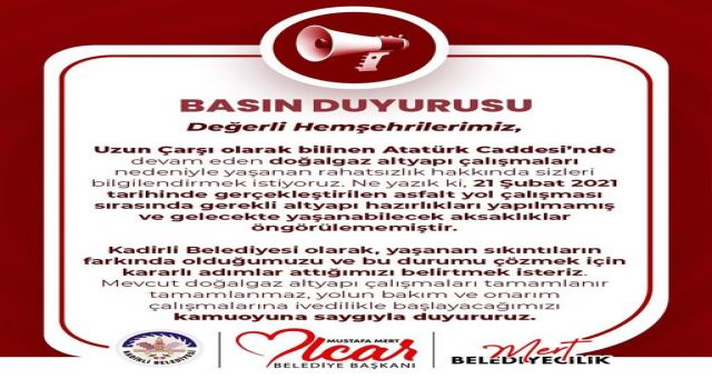 Kadirli Belediyesi’nden Açıklama: Doğalgaz Altyapı Çalışmalarında Gecikmeler Var