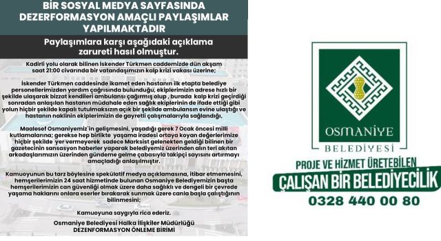 Osmaniye Belediyesi’nden “Dezenformasyon” Açıklaması