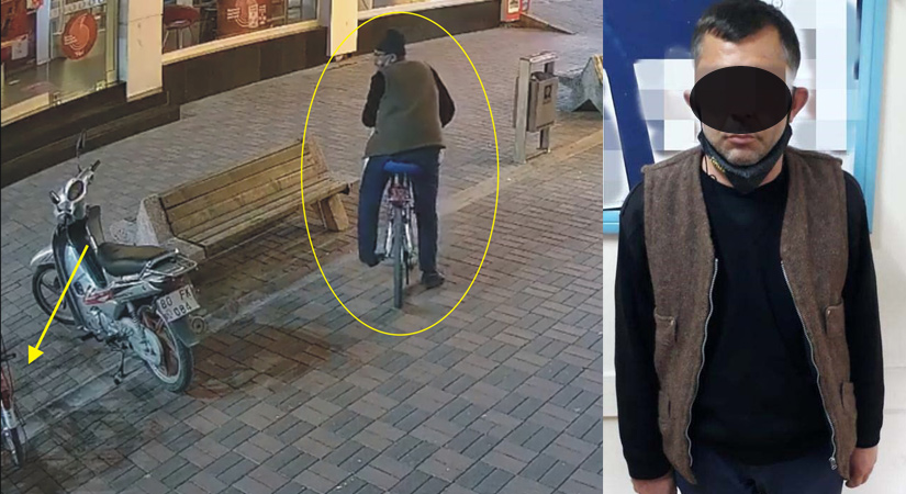 Kendi bisikletini kilitleyip, kilitsiz bisikleti çalan hırsız kamerada